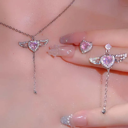 2025 New Pink Crystal Angel Wings Heart Pendant Necklace Set for Woman Minimalist Chain Chain Necklace Wedding Party Jewelry